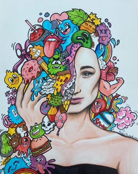 Pencil illustration of woman with colourful illustrations for hair